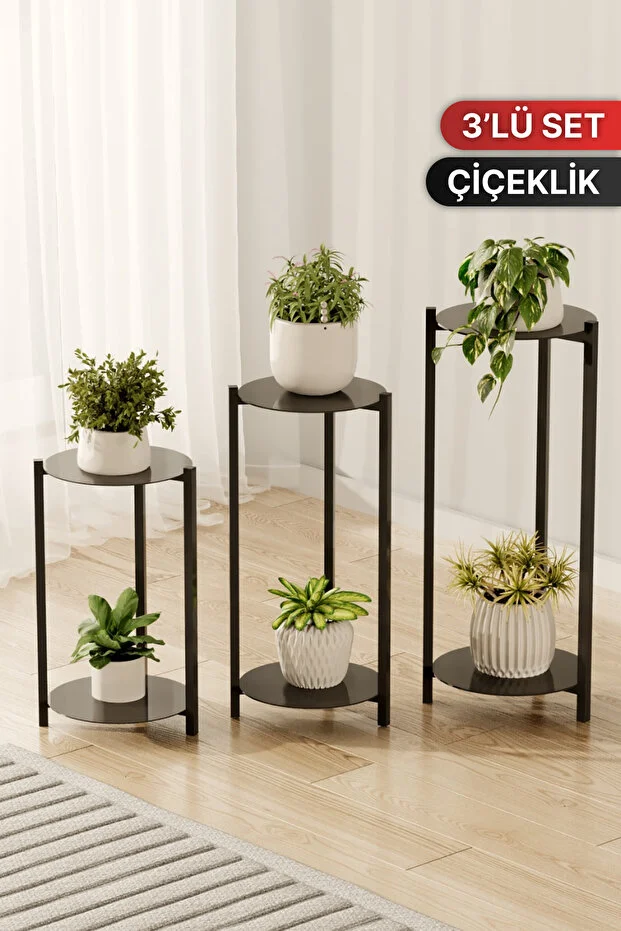 Paslanmaz Metal Saksılık Çiçeklik Modern Dekoratif 3’lü Set